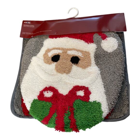 At Home New 2 Piece Santa w/ Wreath Gray Bath Rug & Lid Cover Set - Picture 1 of 3